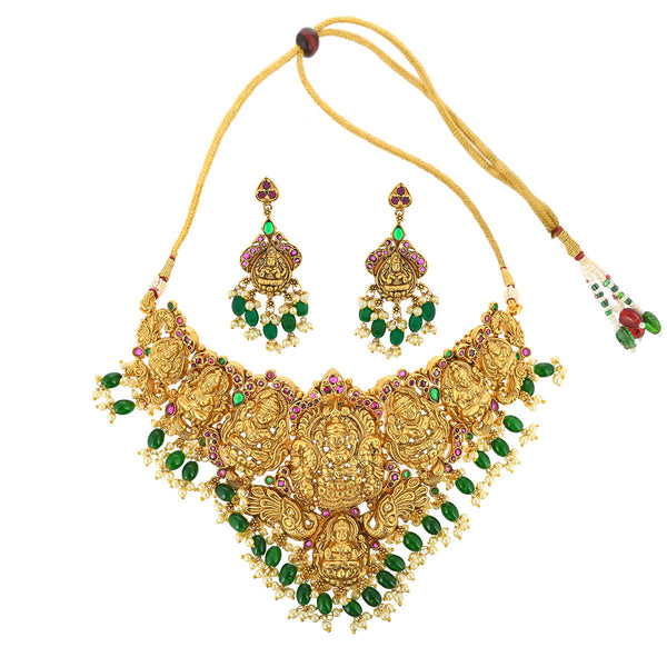 Women's Divine Motifs Temple Design Brass Gold Toned Jewellery Set - Voylla