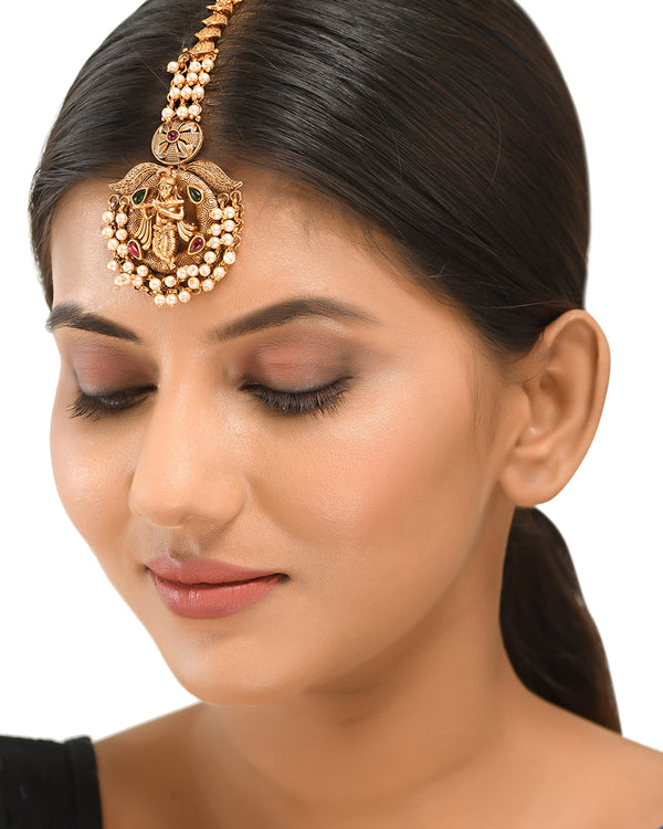 Women's Lord Krishna Motif Brass Gold Toned Temple Maang Tika - Voylla