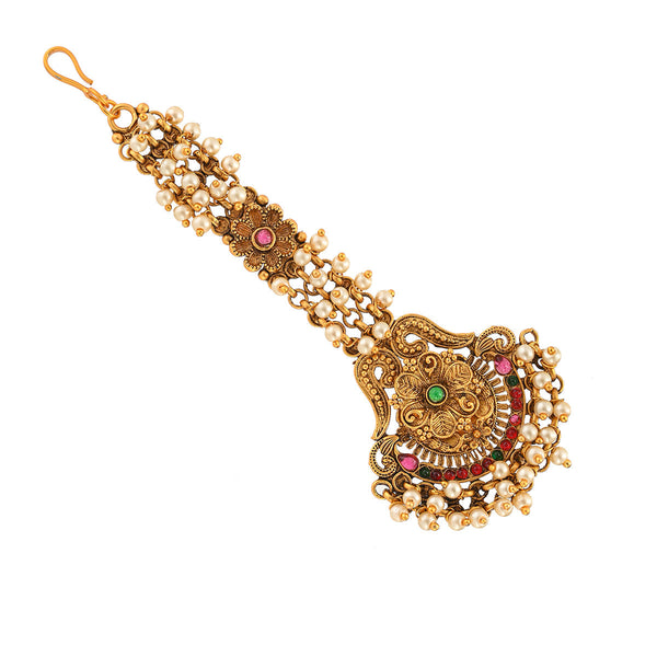 Women's Ethnic Faux Pearls Adorned Brass Gold Toned Maang Tika - Voylla