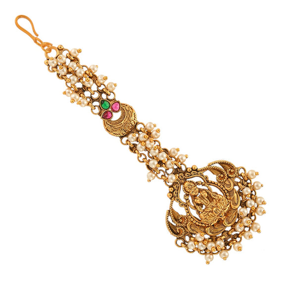 Women's Goddess Lakshmi Faux Pearls Embellished Brass Gold Toned Maang Tika - Voylla