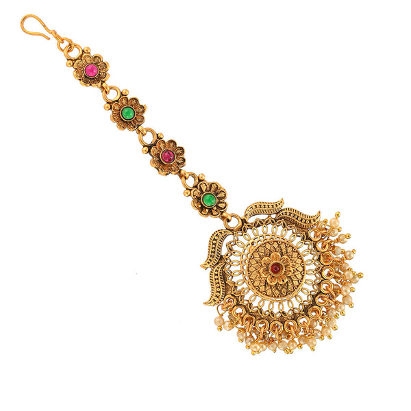 Women's Floral Motifs Yellow Gold Plated Cz And Faux Pearls Brass Maang Tika - Voylla