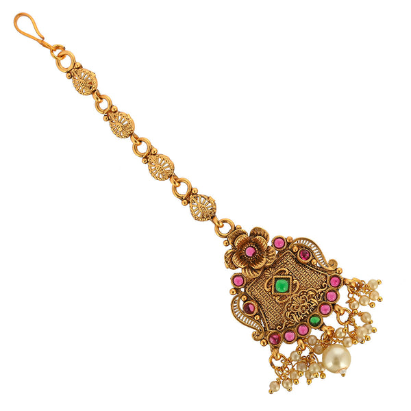 Women's Faux Pearls And Kundan Adorned Opulent Yellow Gold Plated Brass Maang Tika - Voylla