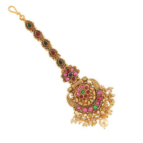 Women's Floral Motifs Kundan And Faux Pearls Brass Gold Plated Maang Tika - Voylla