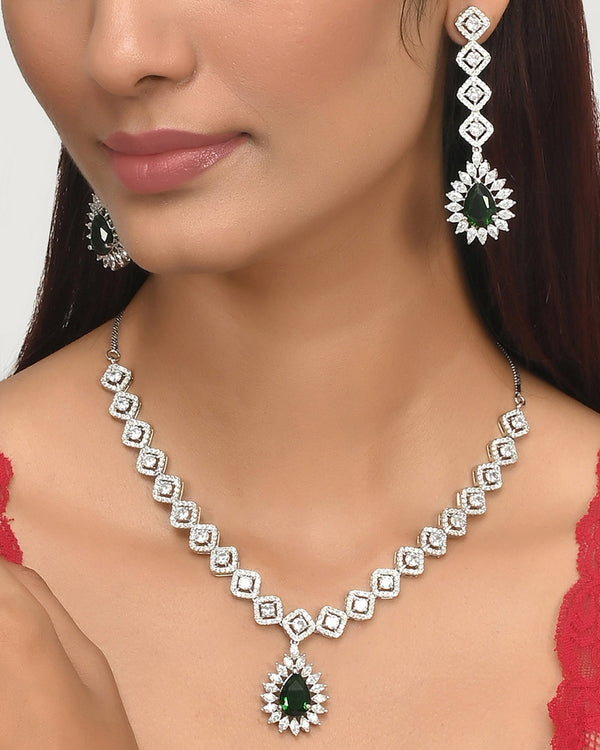 Women's Silver Plated Teardrop Green And White Zircons Adorned Brass Jewellery Set - Voylla