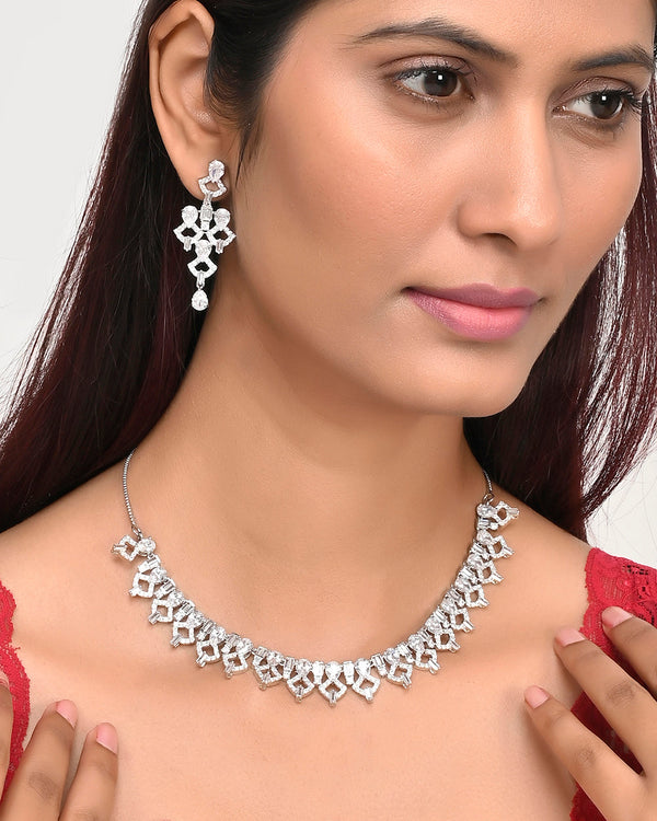 Women's Teardrop Cut Cz Adorned Silver Plated Brass Jewellery Set - Voylla