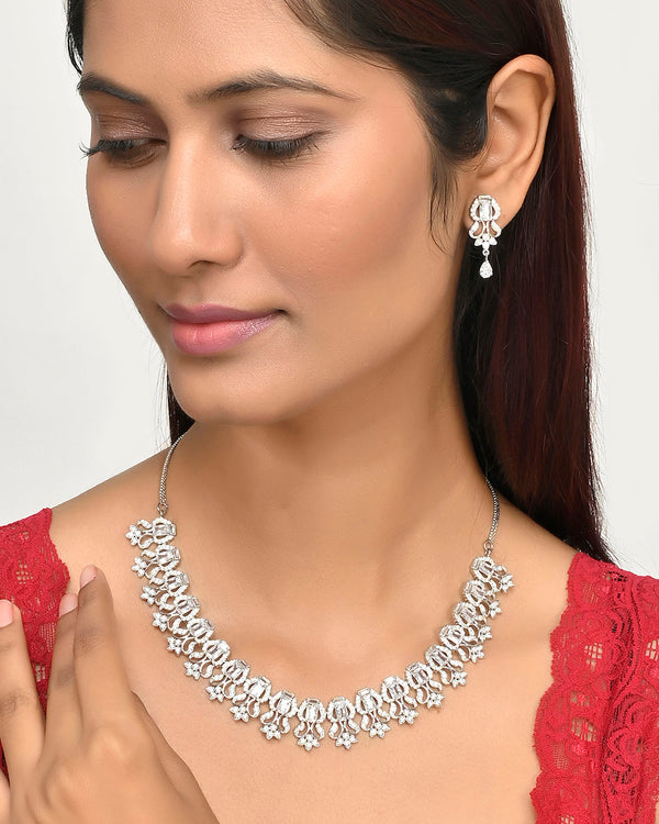 Women's Heavily Embellished Cluster Setting Zircons Silver Plated Jewellery Set - Voylla