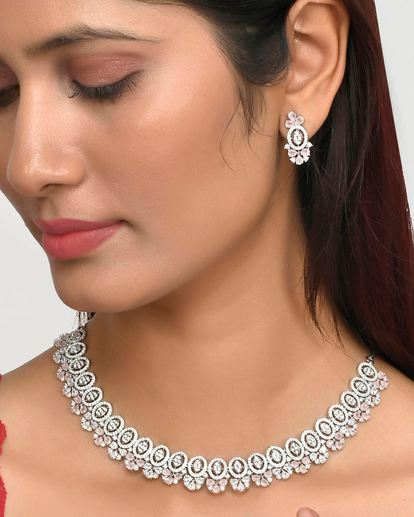 Women's Oval Cut Cz Adorned Opulent Silver Plated Brass Jewellery Set - Voylla