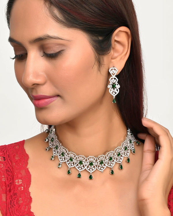 Women's Green And White Zircons Jewellery Set - Voylla