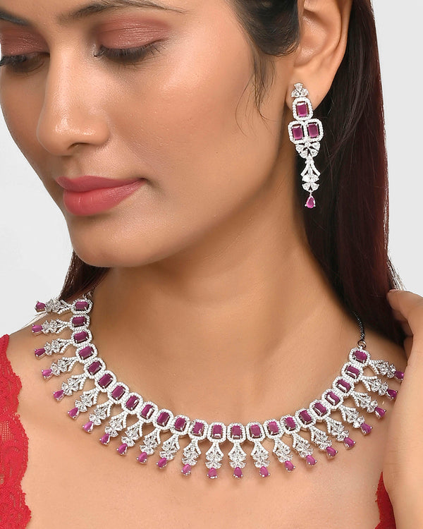 Women's Emerald Cut Cz Adorned Brass Opulent Silver Plated Jewellery Set - Voylla