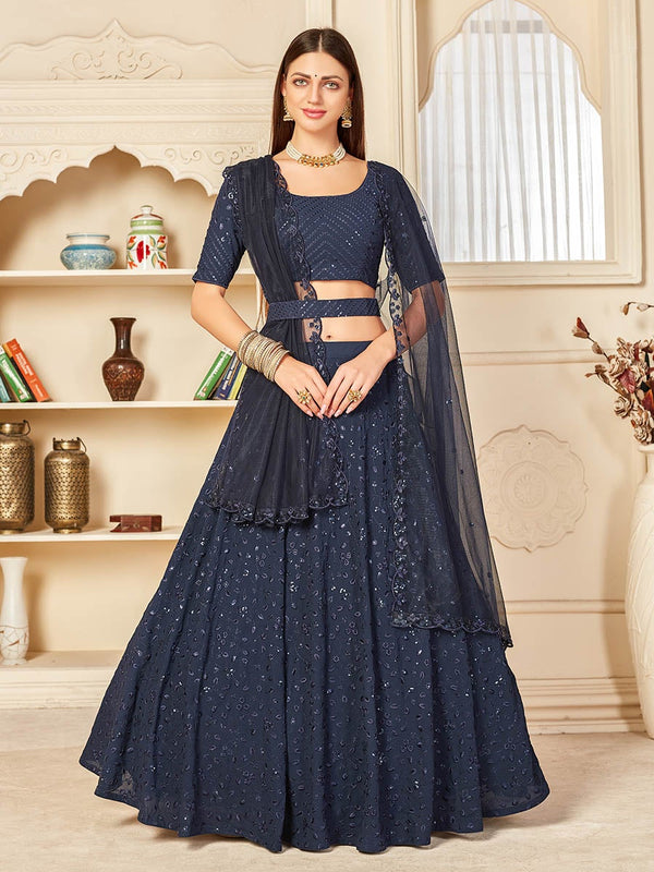 Women's Navy Blue Georgette Embroidered Lehenga-Myracouture