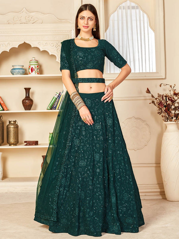 Women's Green Georgette Embroidered Lehenga-Myracouture