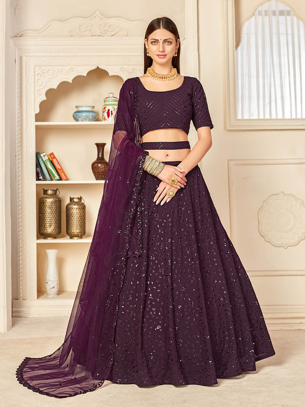 Women's Purple Georgette Embroidered Lehenga-Myracouture