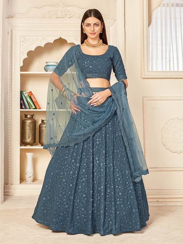 Women's Grey Georgette Embroidered Lehenga-Myracouture