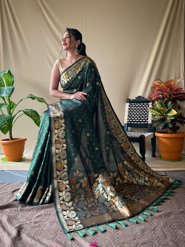 Women's Banarasi Silk Saree with Floral Woven Border and Pallu Dark Green - TASARIKA