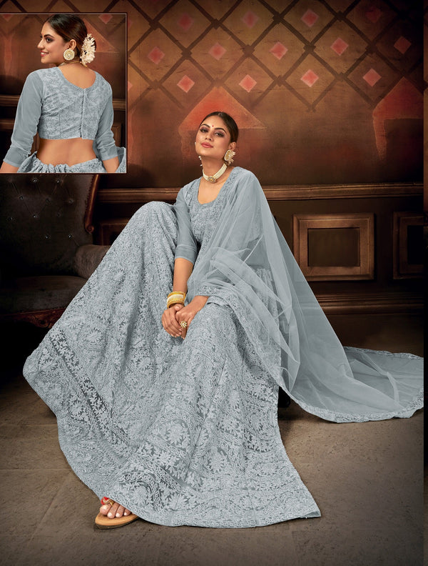 Women's Grey Net Embroidered Lehenga Choli Set - Dwija Fashion