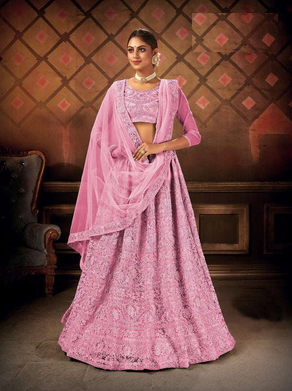 Women's Pink Net Embroidered Lehenga Choli Set - Dwija Fashion