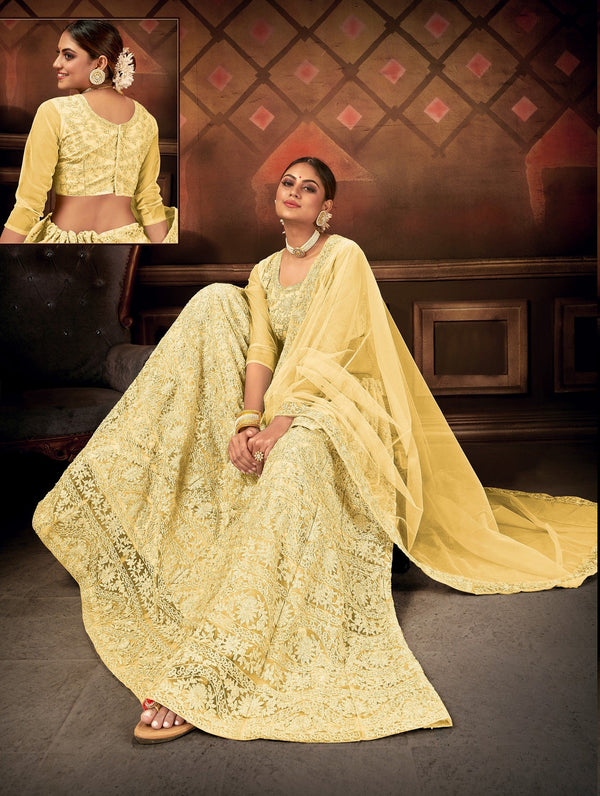 Women's Yellow Net Embroidered Lehenga Choli Set - Dwija Fashion