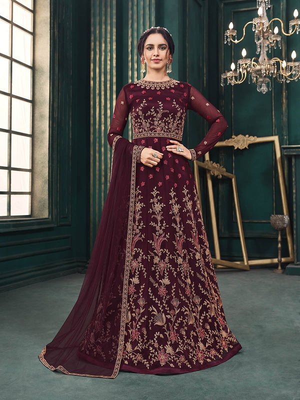 Women's Maroon Heavy Embroidered Party Wear Suit-Myracouture