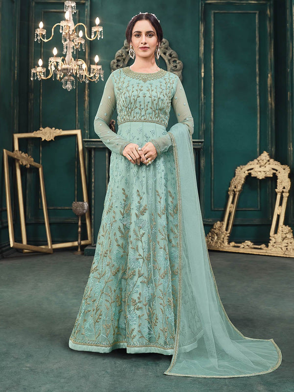 Women's Dusty Sky Blue Heavy Embroidered Party Wear Suit-Myracouture