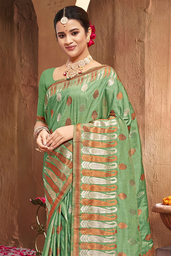 Women's Light Green Silk Woven Zari Work Traditional Tassle Saree - Sangam Prints