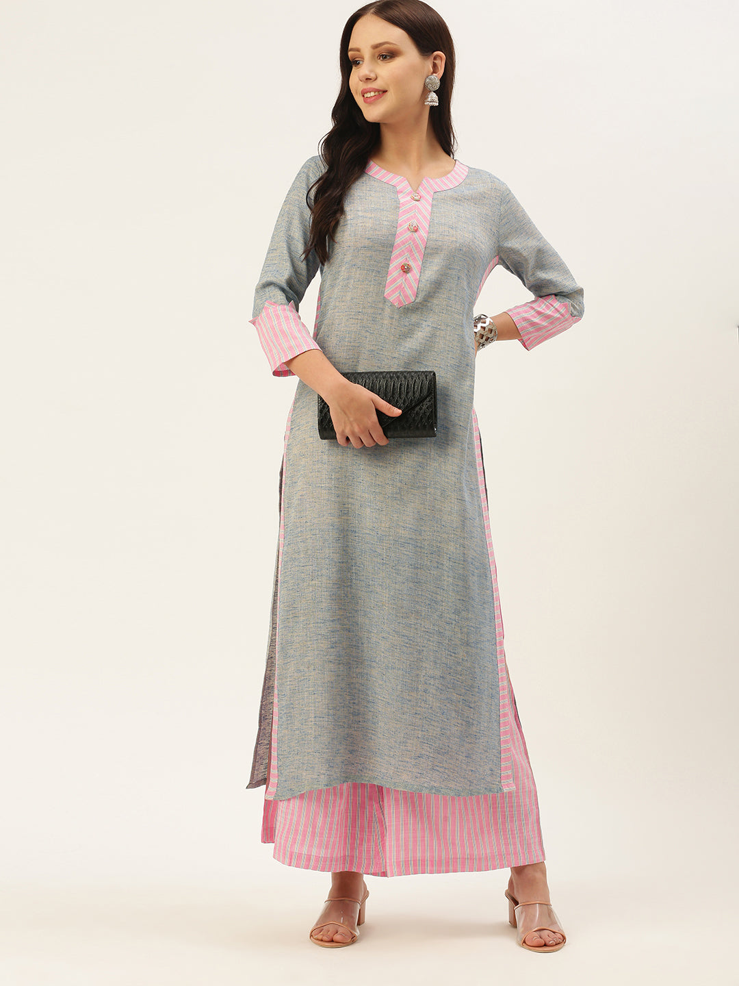 Women's Blue Color Viscose Blend Straight Self Design Solid Kurta Palazzo Set - VAABA