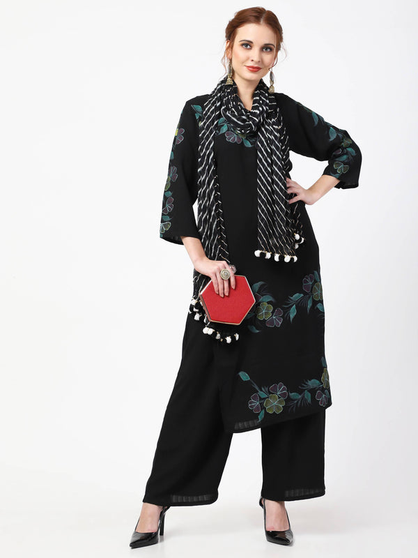 Women's Black Viscose Rayon Kurta Palazzo With Leheria Dupatta Set - Cheera