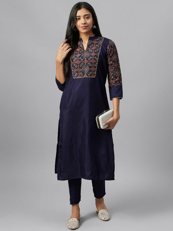 Women's Navy Blue Poly Silk Screen Printed Straight Kurta - Ziyaa