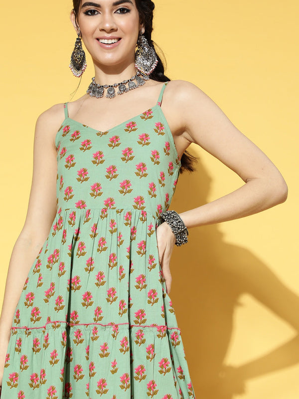 Sage Green & Pink Floral Printed Dress-Indiakreations-JS9593DRSGRS