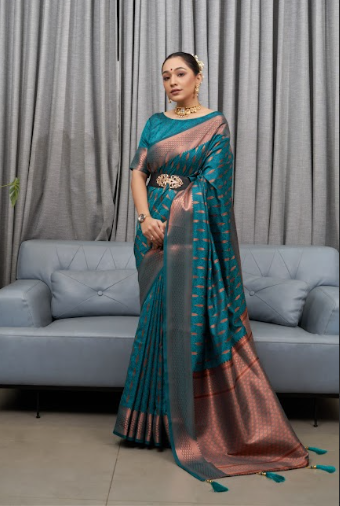 Women's Bluish Green Banarasi Silk Copper Zari Woven Saree - TASARIKA