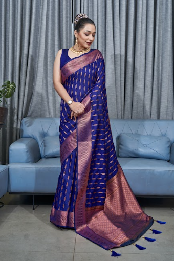 Women's Royal Blue Banarasi Silk Copper Zari Woven Saree - TASARIKA