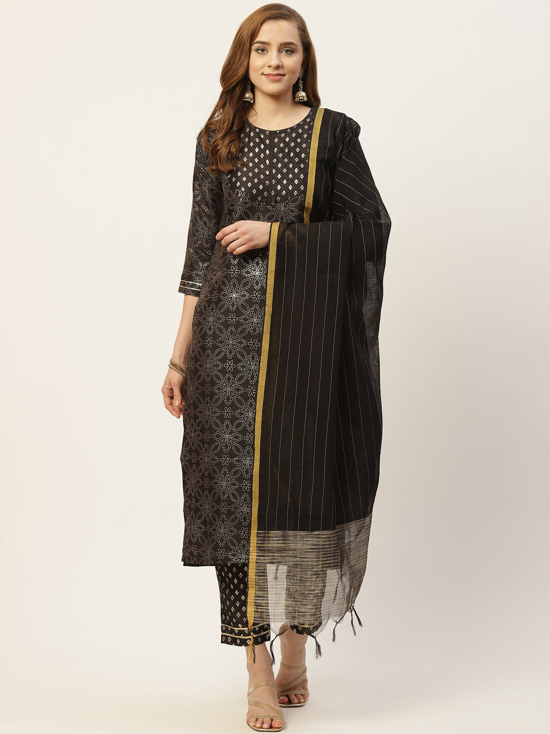 Women's Black Color Cotton Blend Straight Printed Kurta Pant With Dupatta - Vaaba