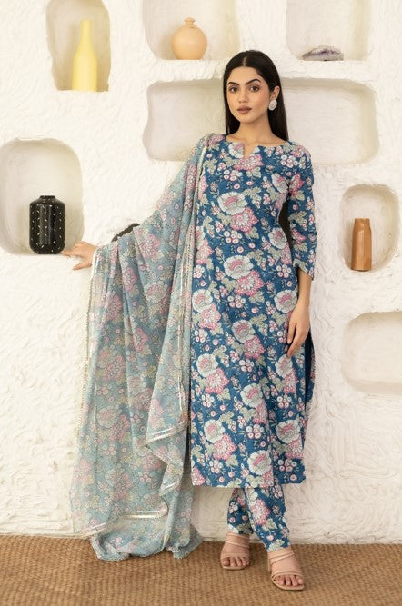 Women's Blue Cotton Floral Prined Kurta With Pant & Dupatta Set By Saras The Label (3 Pc Set)