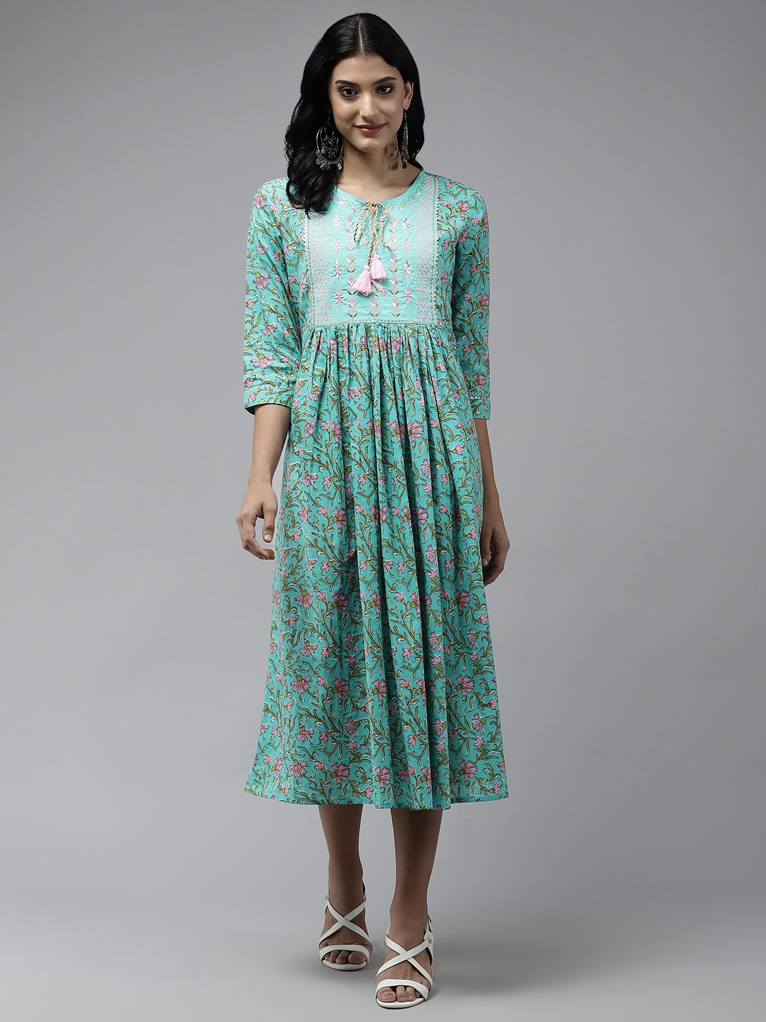 Sea Green Embroidered Midi Dress-Indiakreations-JS5212DRSSGS