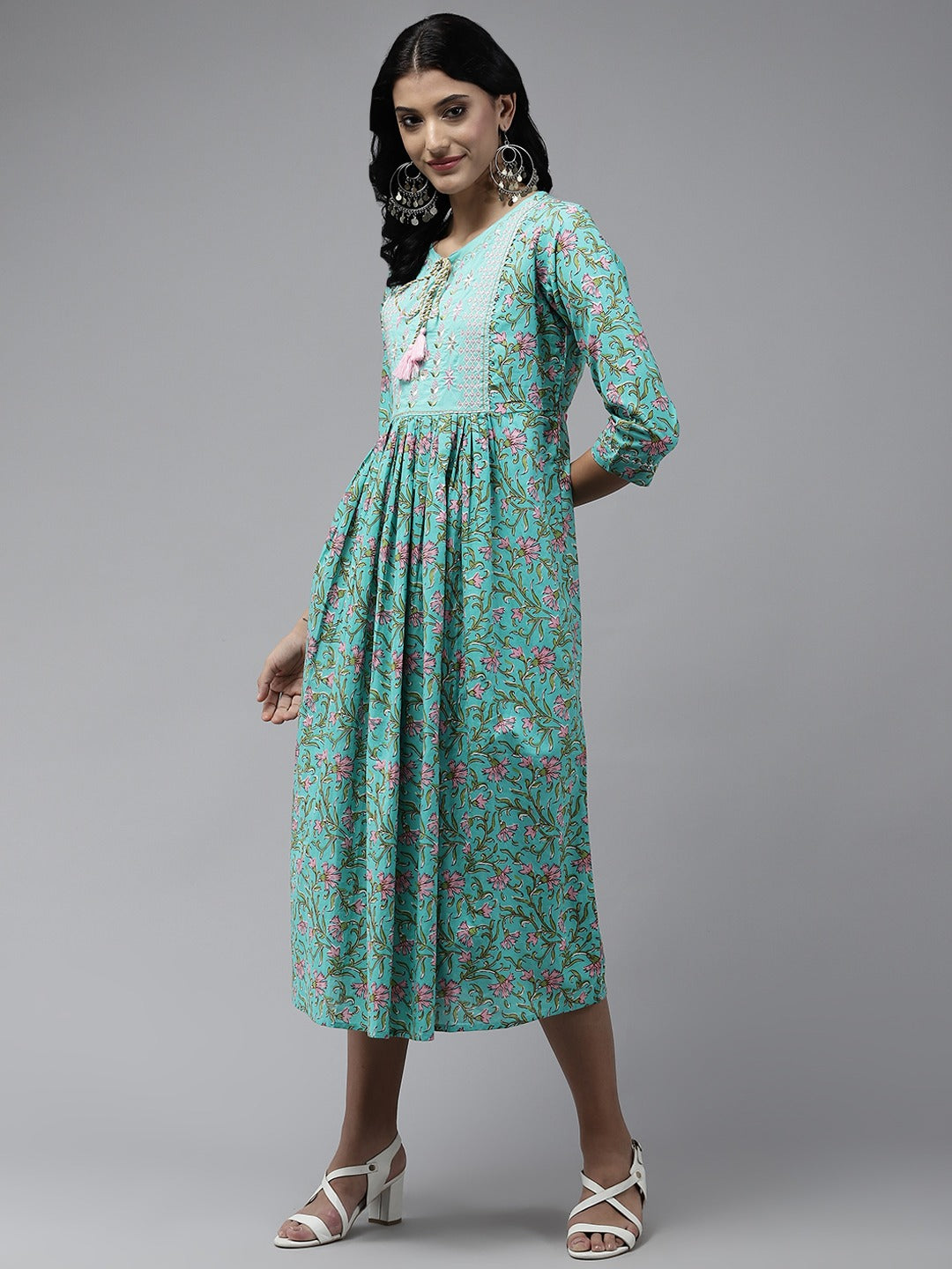 Sea Green Embroidered Midi Dress-Indiakreations-JS5212DRSSGS