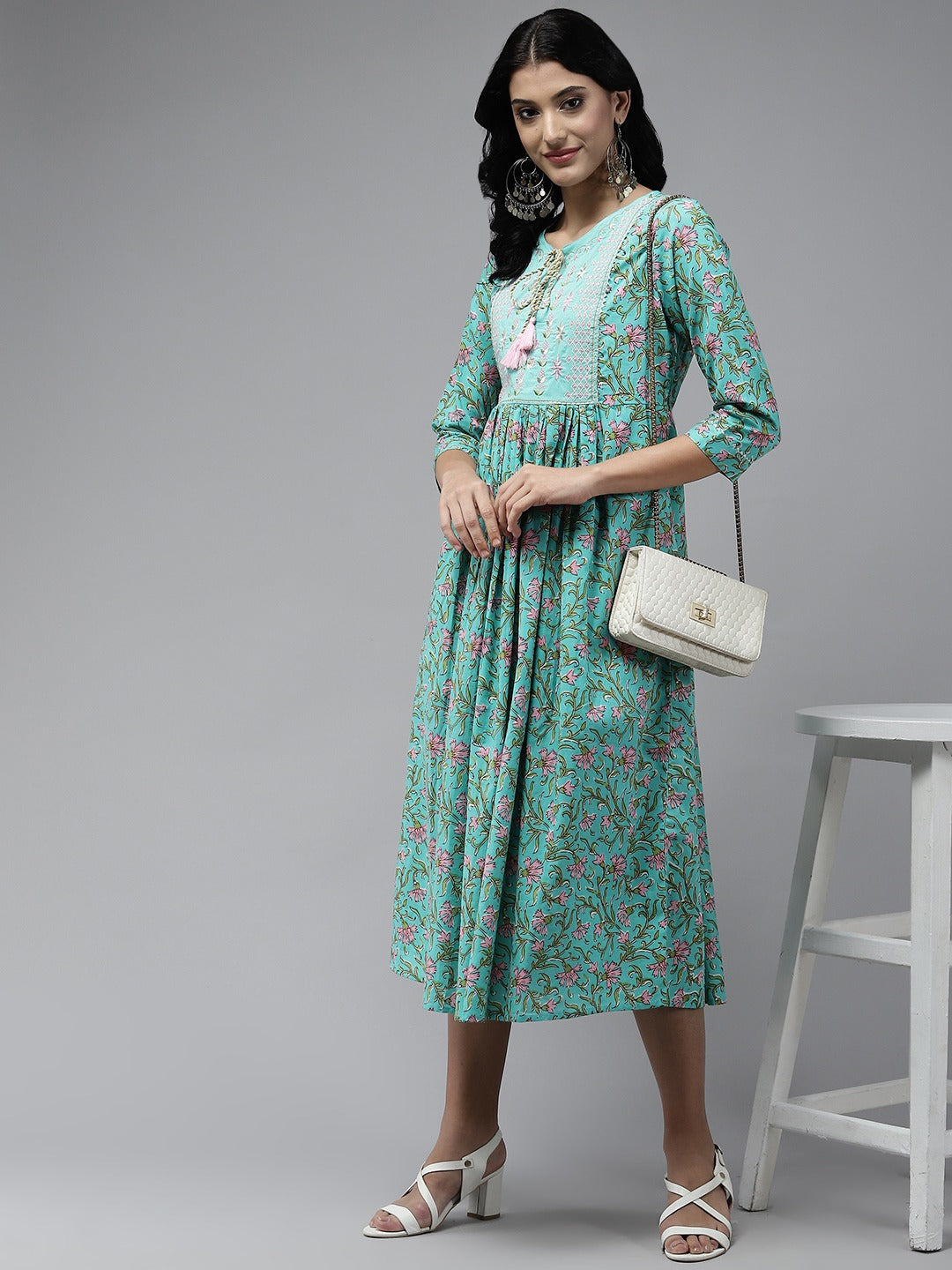 Sea Green Embroidered Midi Dress-Indiakreations-JS5212DRSSGS