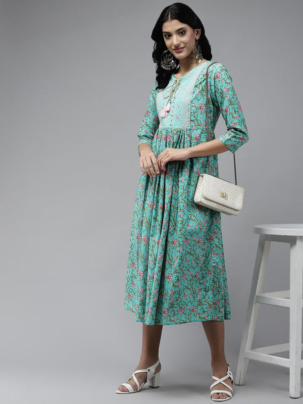 Sea Green Embroidered Midi Dress-Indiakreations-JS5212DRSSGS