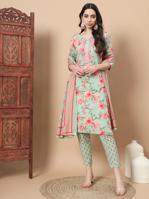 Sea Green Ethnic Motifs Cotton Kurta Dupatta Set-Indiakreations-JS6815SKDSGS