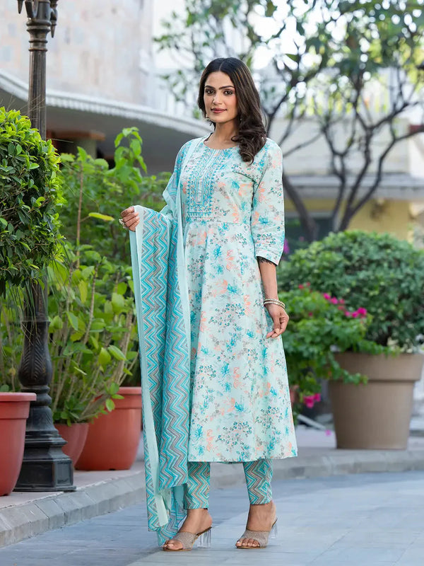 Sea Green Sequins_Work Anarkali Kurta Trouser And Dupatta Set-Indiakreations-JS6910SKDSGS