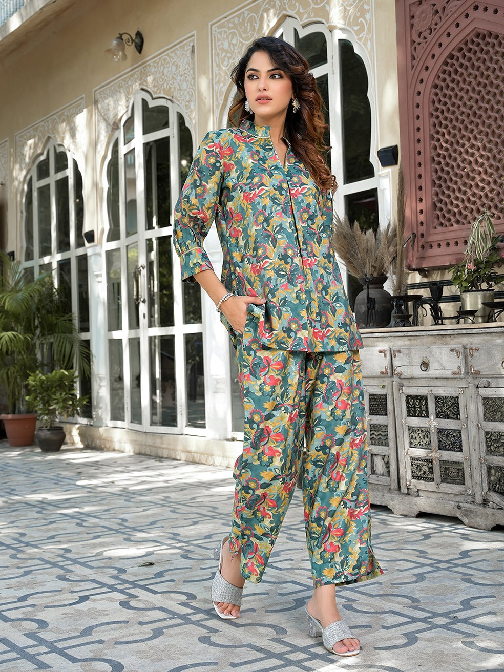 Sea Green Silk blend Floral Print Co-ord set-Indiakreations-JS1768CRDSGS