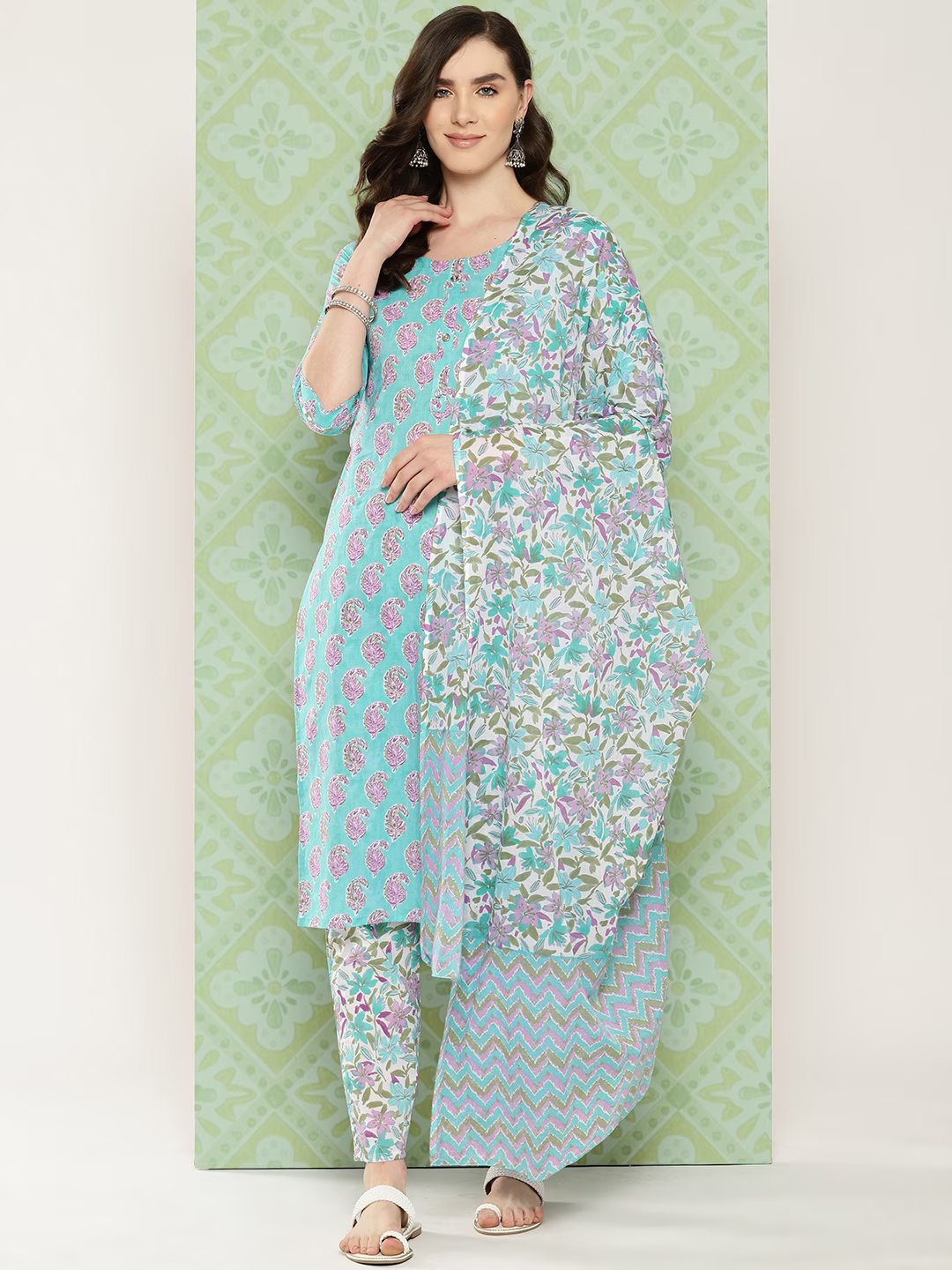 Sea green Paisley Printed Pure Cotton Kurta with Trousers & With Dupatta Set-Indiakreations-JS1474SKDSGS