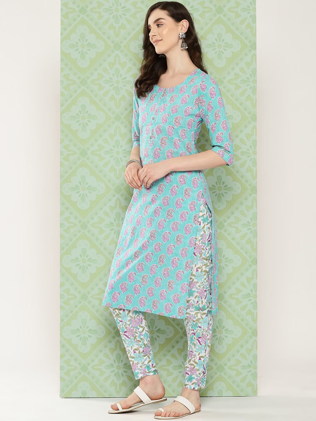 Sea green Paisley Printed Pure Cotton Kurta with Trousers & With Dupatta Set-Indiakreations-JS1474SKDSGS