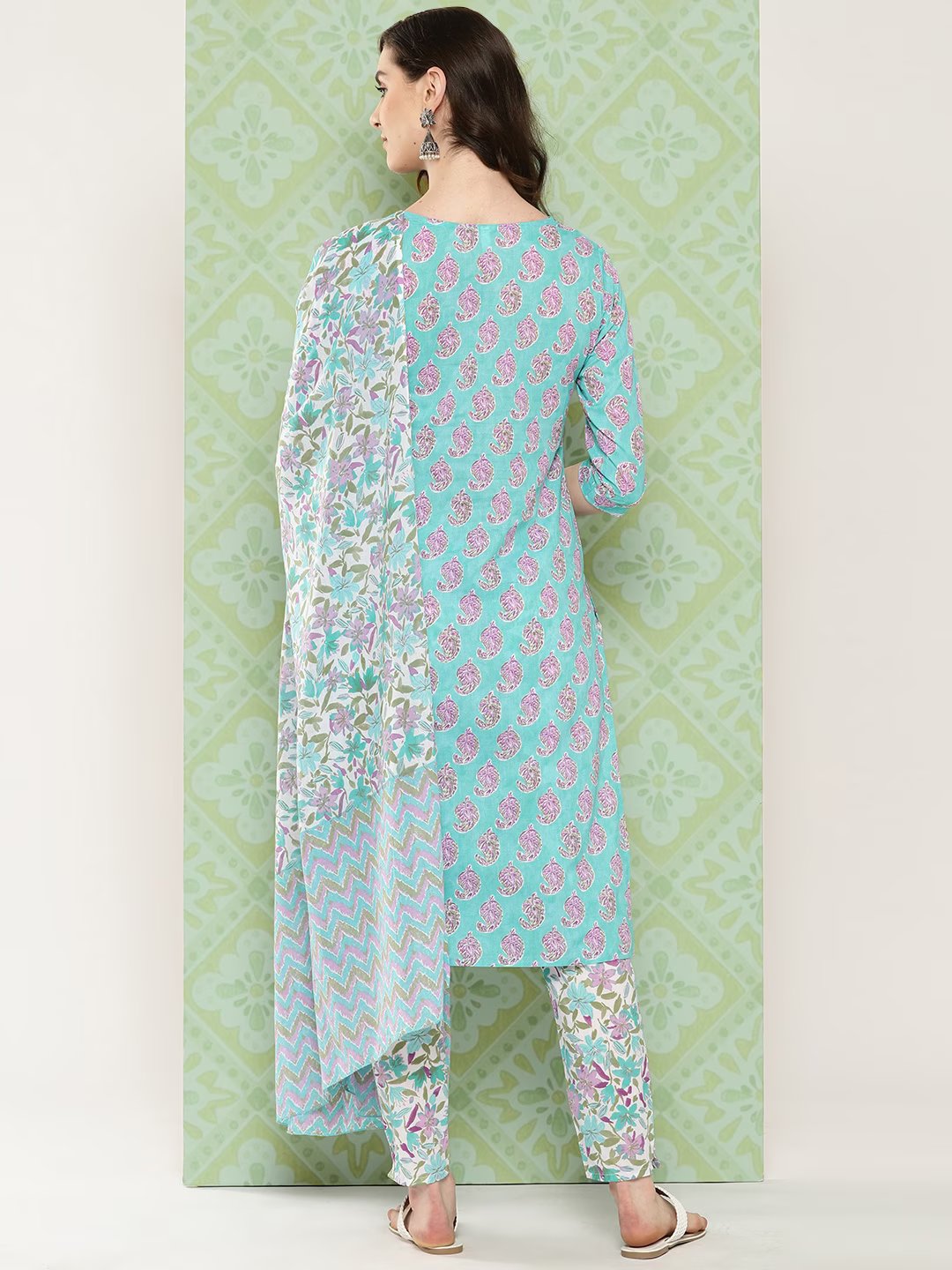 Sea green Paisley Printed Pure Cotton Kurta with Trousers & With Dupatta Set-Indiakreations-JS1474SKDSGS