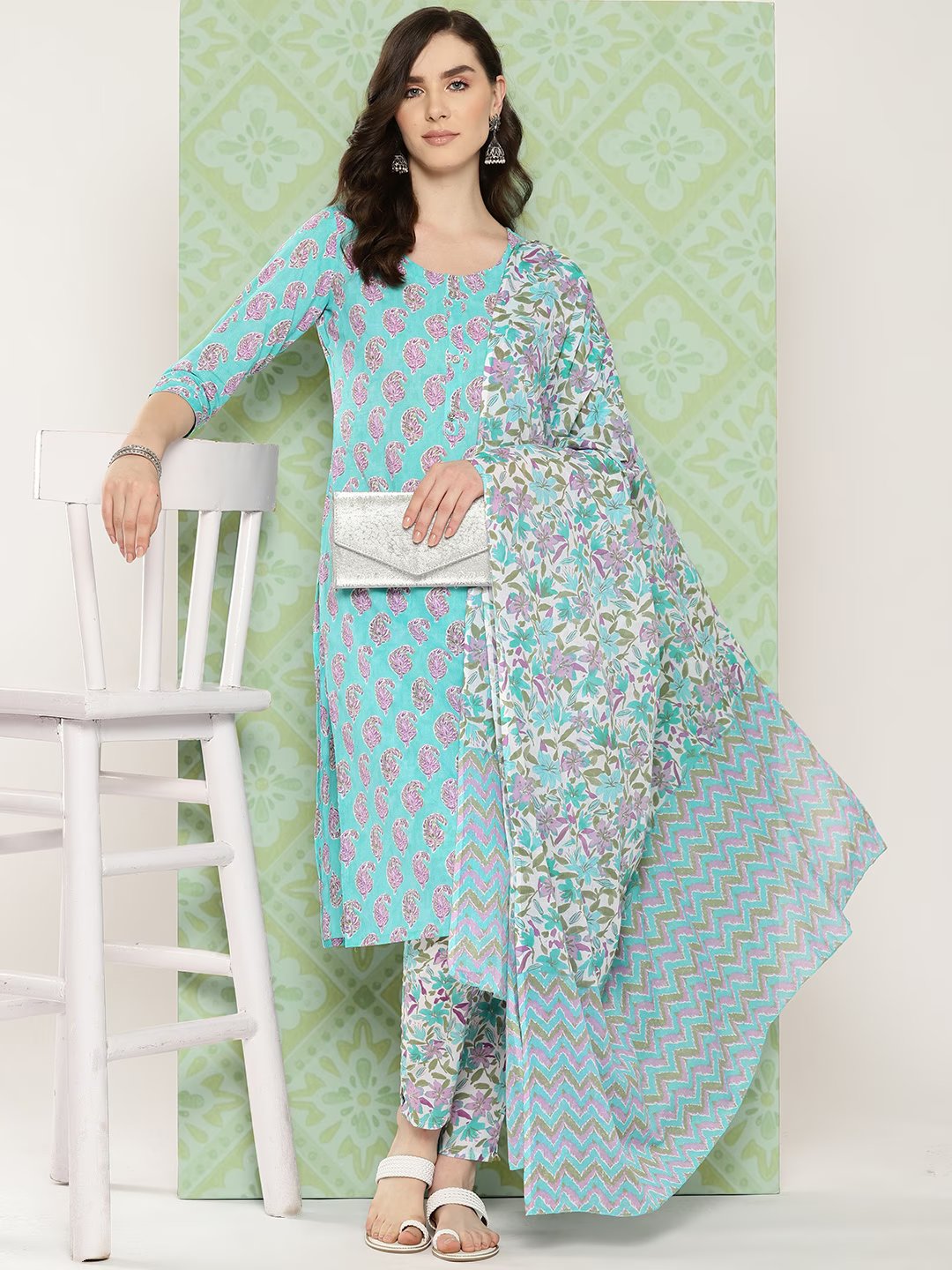 Sea green Paisley Printed Pure Cotton Kurta with Trousers & With Dupatta Set-Indiakreations-JS1474SKDSGS