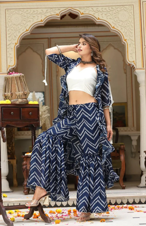 Women's Shrug Wild Indigo Sharara Set - Lado Jaipuri