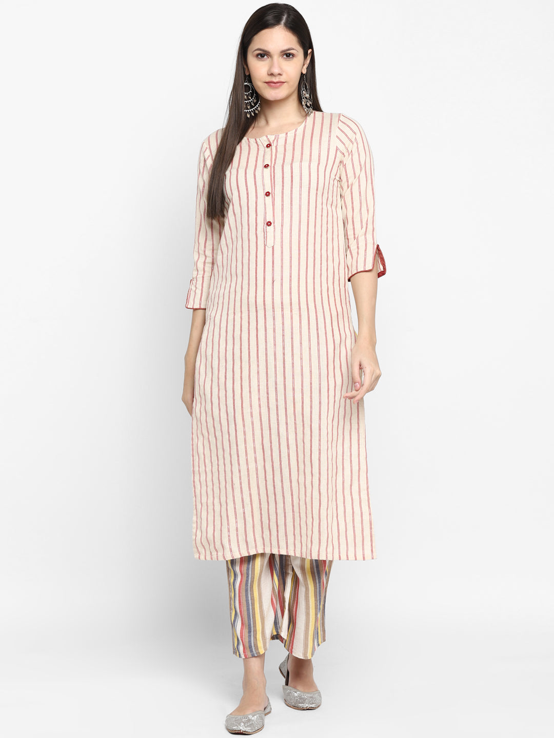 Women's Cream&Red Color Cotton Blend Straight Chex Stripe Printed Kurta Palazzo Set - VAABA