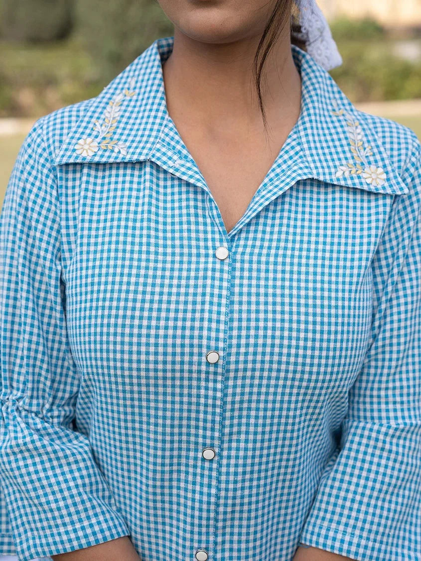 Sky Blue Cotton Checks Printed Embroidery Top-Indiakreations-JS1499TOPSBS