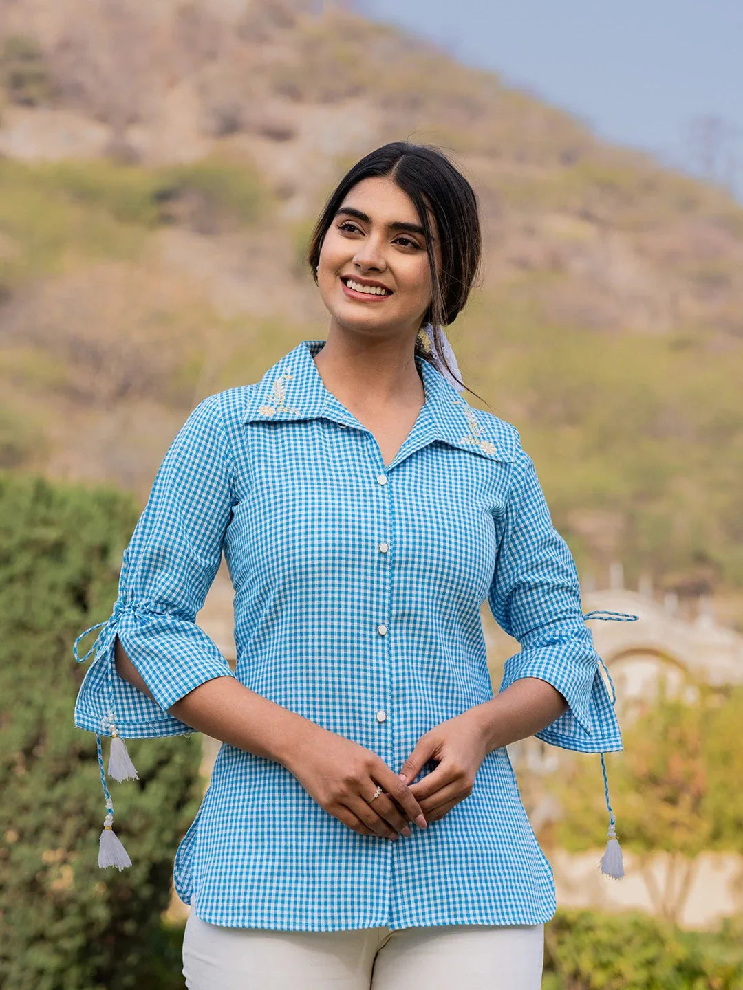 Sky Blue Cotton Checks Printed Embroidery Top-Indiakreations-JS1499TOPSBS