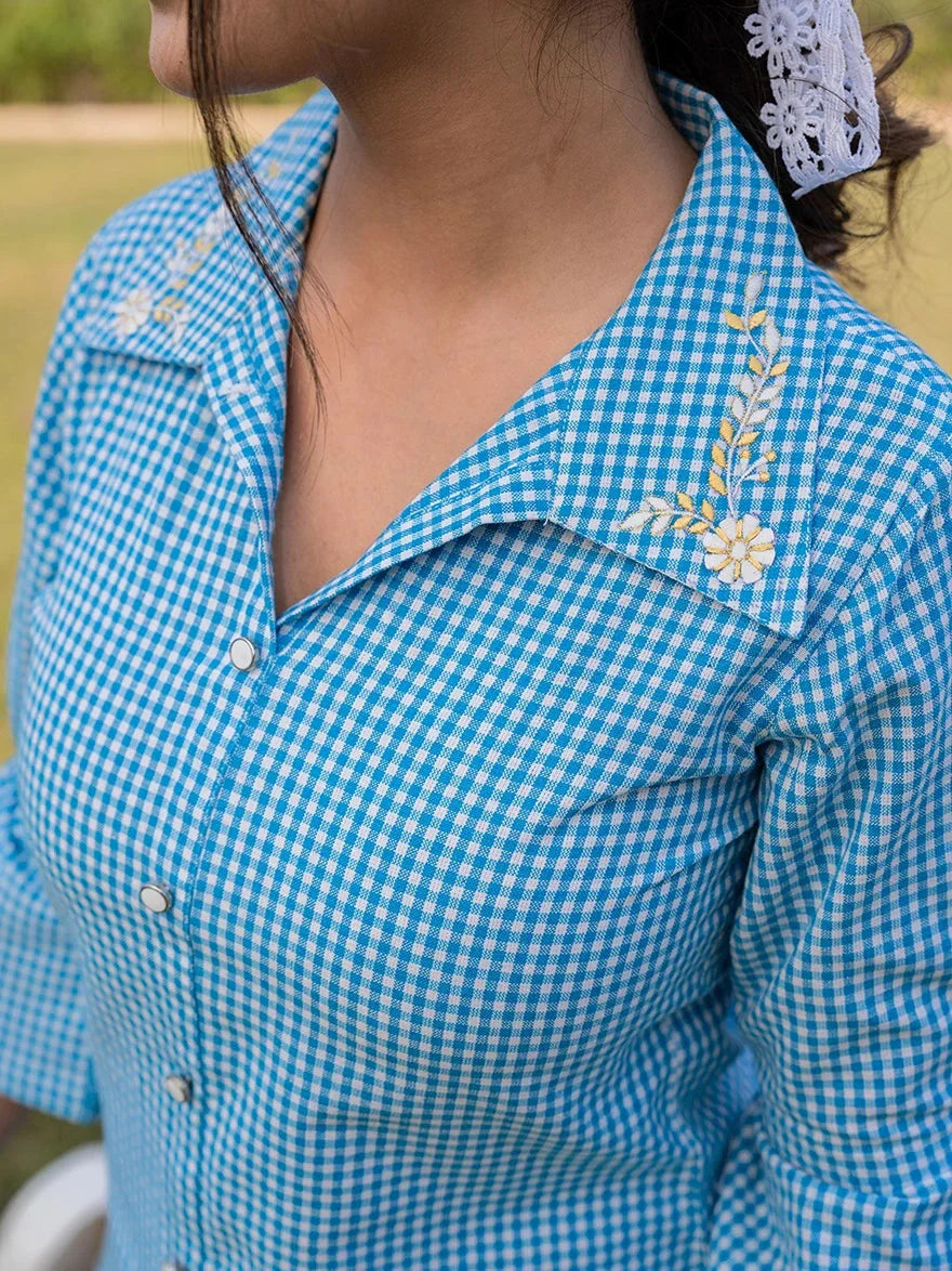 Sky Blue Cotton Checks Printed Embroidery Top-Indiakreations-JS1499TOPSBS