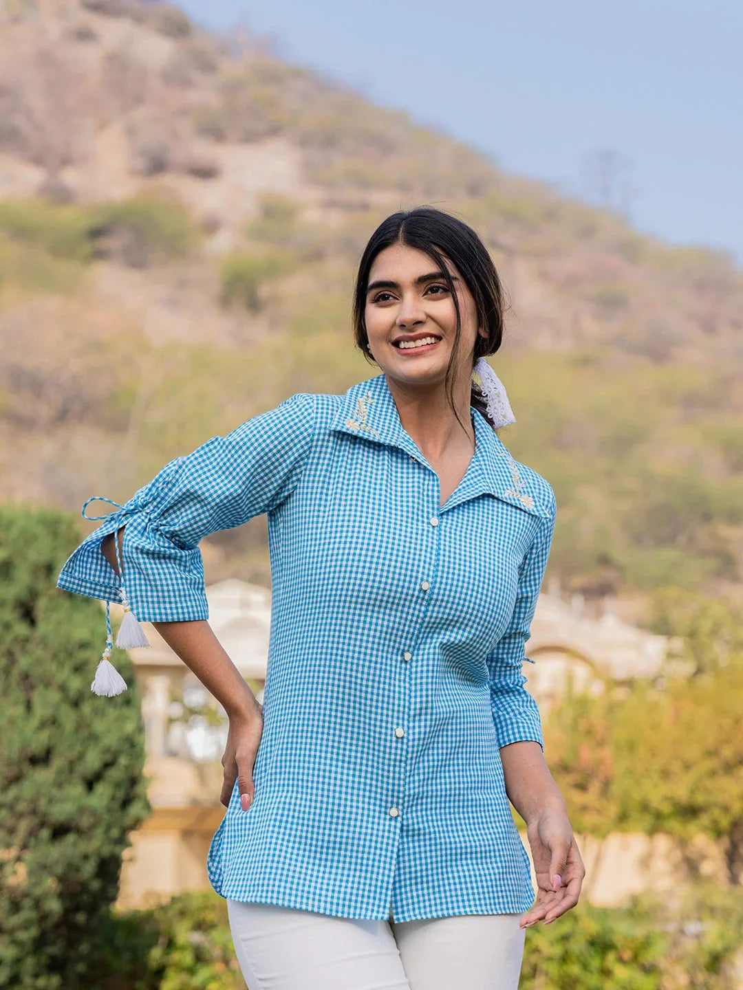 Sky Blue Cotton Checks Printed Embroidery Top-Indiakreations-JS1499TOPSBS