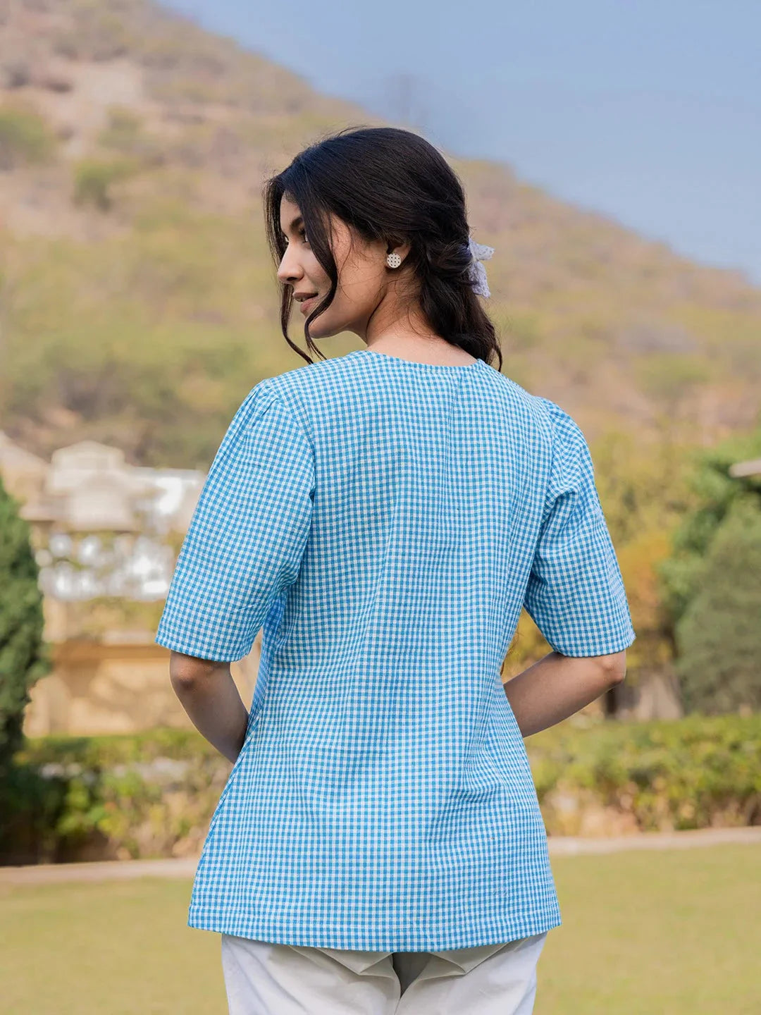 Sky Blue Cotton Checks Printed Top-Indiakreations-JS1500TOPSBS